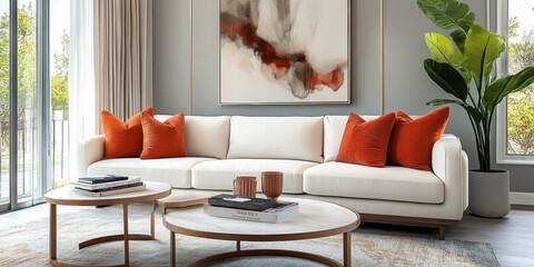 Modern living room, abstract art, white sofa, orange accent pillows, round coffee tables, large potted plant, floor-to-ceiling windows, textured area rug, grey walls, contemporary interior design, nat