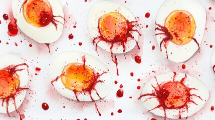 Fototapeta premium Artistic display of cracked eggs with bright yolks, splattered with vivid red sauce, creating a bold visual contrast.