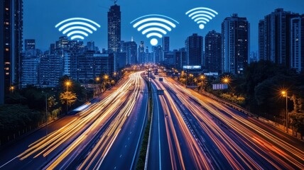 Fototapeta premium City skyline at night with light trails and wifi signal icons in the sky.