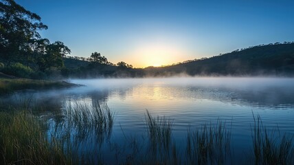 Obraz premium A serene sunrise over a misty lake, surrounded by lush greenery, capturing the tranquility of nature's early morning beauty.