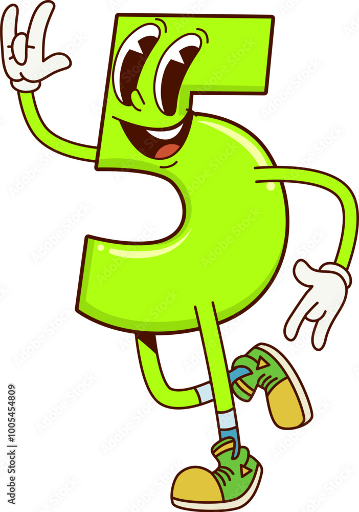 Poster math number five groovy character. isolated cartoon vector cheerful and funny 5 figure with wide eye