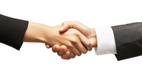 A close-up shot of a handshake between a man and a woman in business suits, symbolizing agreement, partnership, and collaboration.