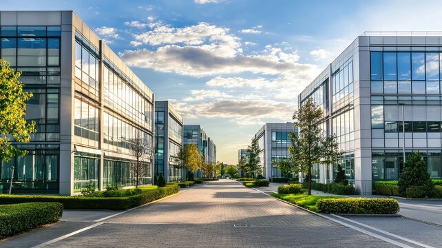 A serene view of modern office buildings lined with trees under a bright blue sky, perfect for corporate and urban themes.