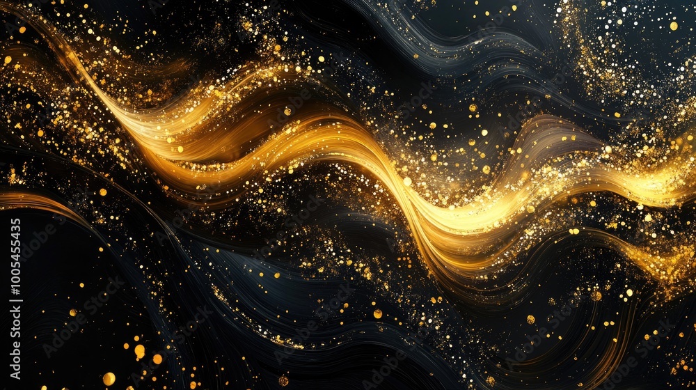 Poster abstract golden trails and luxurious patterns swirl across a dark, dynamic background, creating a st