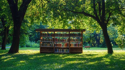 A serene wooden bookshelf stands amidst lush green trees in a peaceful park, inviting visitors to explore a world of knowledge.