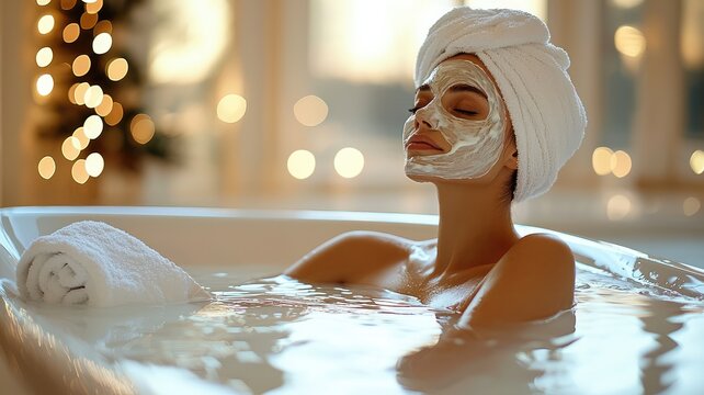 A serene woman enjoys a pampering spa treatment in a beautiful bath, showcasing relaxation and self-care in a tranquil environment.