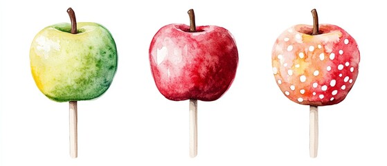 Vibrant watercolor apples on sticks, showcasing a variety of colors and textures, ideal for food and artistic themes.