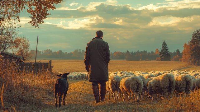 A shepherd walks with a dog, guiding sheep across a sunlit field under a dramatic sky.