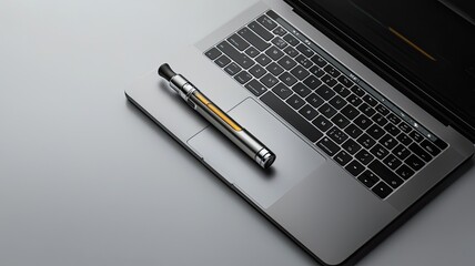 A sleek laptop on a minimalist desk with a stylish pen, symbolizing productivity and creativity in a modern workspace.