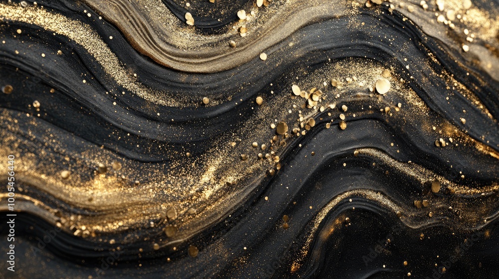 Poster luxurious abstract design with rich textures and shimmering gold swirls, creating an opulent display