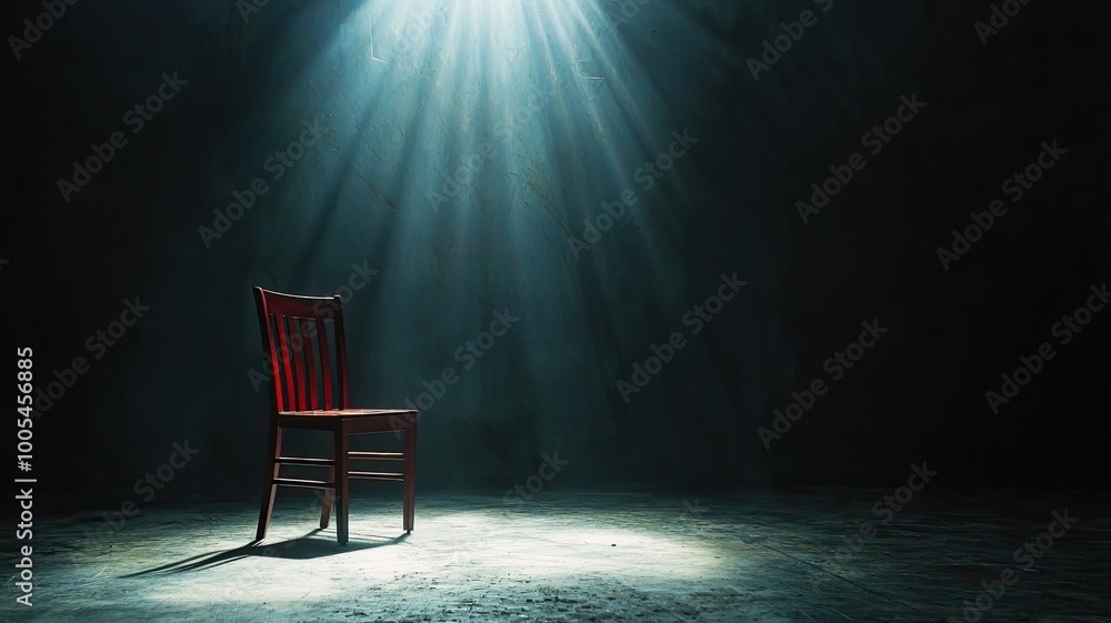 Poster a solitary red chair illuminated by a beam of light in a dark environment, creating a moody and cont