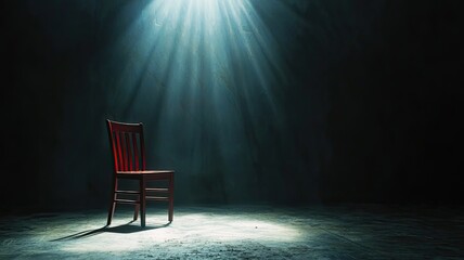 A solitary red chair illuminated by a beam of light in a dark environment, creating a moody and contemplative atmosphere.