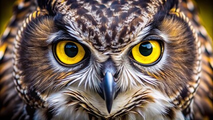 A close-up portrait of an owl's piercing yellow eyes, focused and ready for the hunt. The intricate detail of the feathers surrounding its eyes adds a captivating texture.