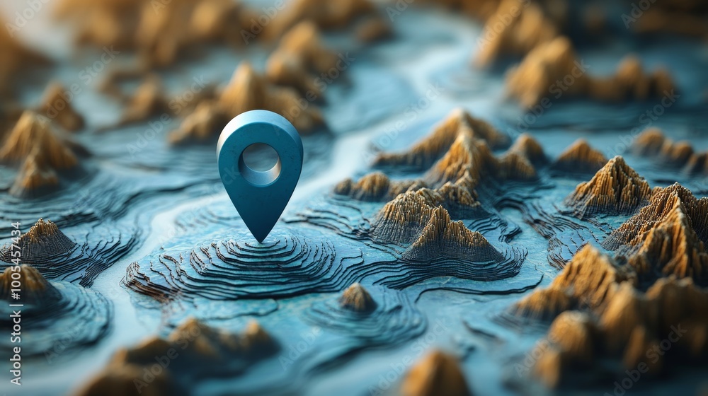 Poster 3d map with blue location marker, topographic landscape. navigation and exploration concept