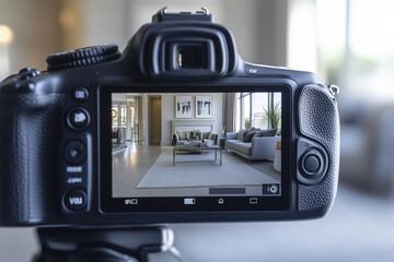 Camera capturing a modern living room interior during a real estate photoshoot, showcasing clean and stylish home decor