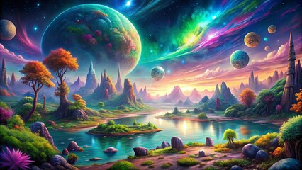 Serene River Flowing Through A Dreamlike Landscape With Majestic Mountains And A Sky Filled With Planets And Aurora Borealis