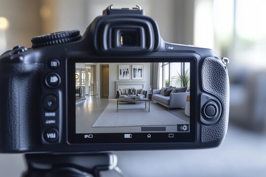 Camera capturing a modern living room interior during a real estate photoshoot, showcasing clean and stylish home decor