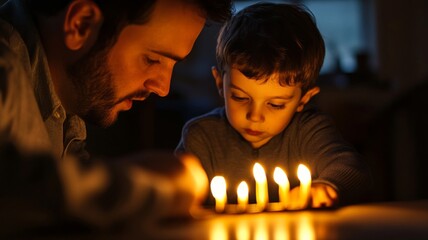 Father and Son Lighting Candles in a Dark Room