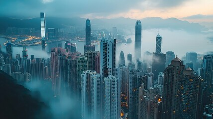 A stunning aerial view of Hong Kong skyscrapers shrouded in mist, showcasing the iconic skyline against a dramatic sky.