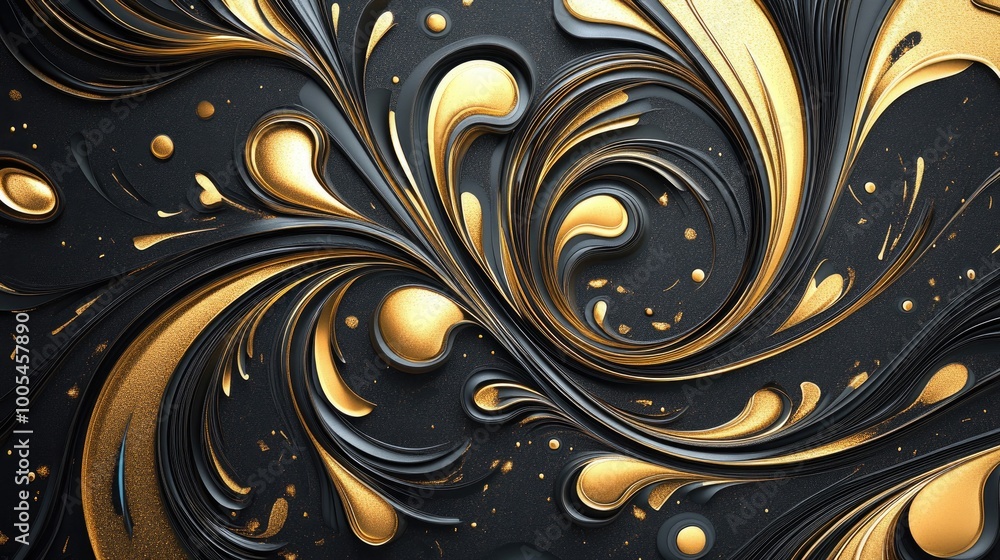Poster luxurious swirling gold patterns form a captivating abstract design on a dynamic dark background, ev