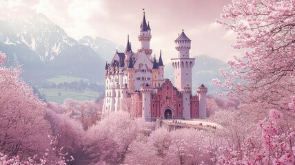 A stunning castle surrounded by blooming pink trees and majestic mountains, creating a magical fairytale landscape.