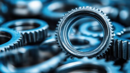 Close-up of shiny metal gears in blue tones, representing industrial machinery.
