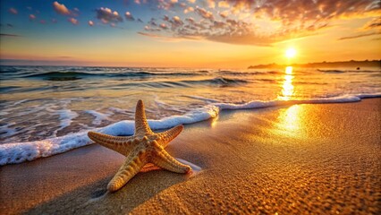 Fototapeta na wymiar Golden Sunset Hues Kissing the Sand, a Starfish Basking in the Afterglow