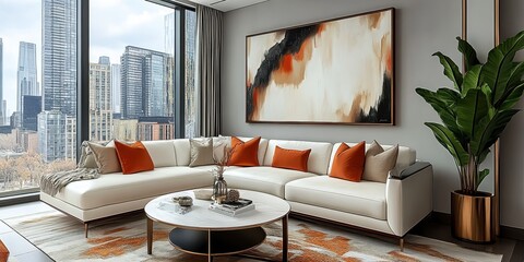 Modern living room, abstract art, white sofa, orange accent pillows, round coffee tables, large potted plant, floor-to-ceiling windows, textured area rug, grey walls, contemporary interior design, nat
