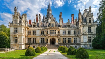 Obraz premium A stunning historic castle surrounded by lush greenery and blue skies, perfect for architectural and travel photography.