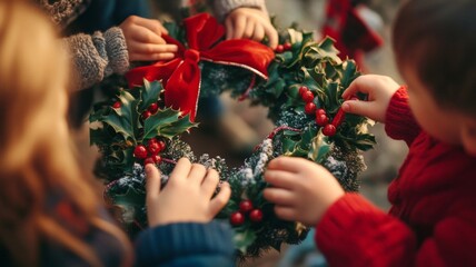 Children Decorating a Christmas Wreath with Red Berries and a Bow