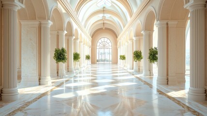 Fototapeta premium A stunning interior hallway featuring marble floors, elegant arches, and natural light filtering through large windows.