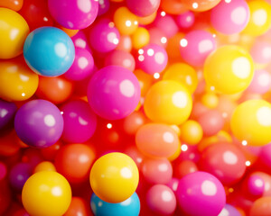 Colorful balls in various sizes, vibrant and dynamic arrangement.