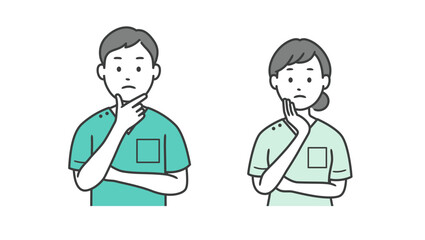 顔に手を当てて悩む歯科医男女の上半身イラスト
