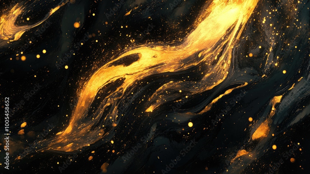 Poster mesmerizing abstract design with shimmering gold accents and swirling shapes on a deep, dynamic back