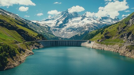A stunning mountain landscape featuring a serene lake and a dam, under a clear blue sky with snow-capped peaks.