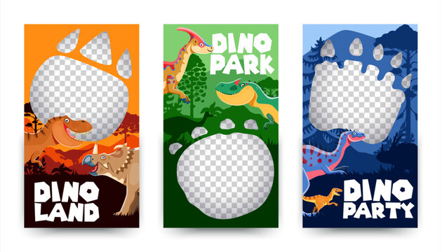 Banner templates with footprint of prehistoric dinosaurs. Colorful vector frames for dino land, dino park or dino party events with vibrant Jurassic backgrounds featuring funny ancient reptile animals