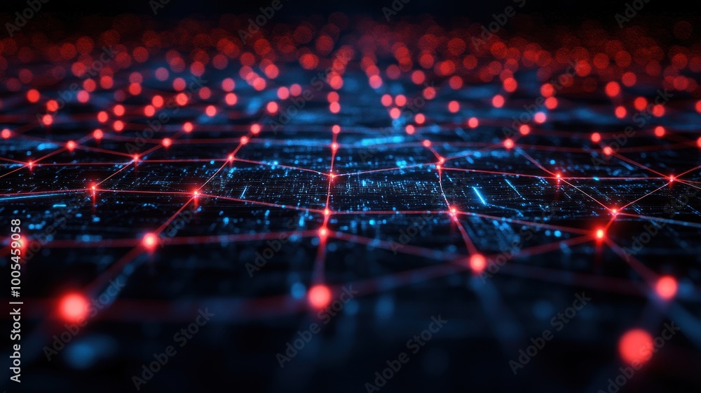Poster a digital network visualization with glowing nodes and connections, representing data flow.