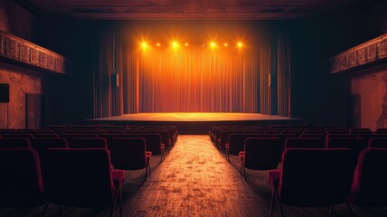 Naklejka premium A stunning theater stage illuminated by warm lights, ready for a captivating performance. Perfect for arts and entertainment themes.