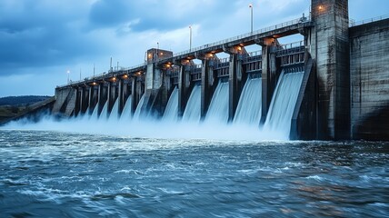 A stunning view of a dam, showcasing flowing water and powerful energy generation against a dramatic sky.