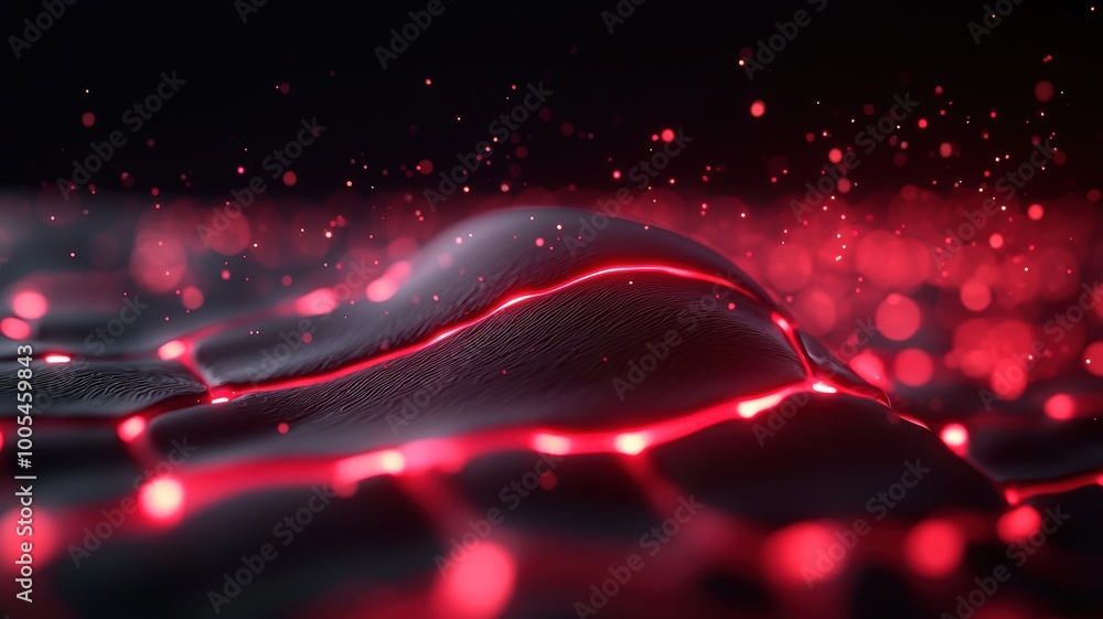 Aufkleber abstract red waves with glowing particles in dark background