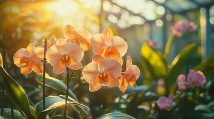 Soft sunlight illuminating delicate orchids in a serene greenhouse, creating a peaceful atmosphere of natural beauty.