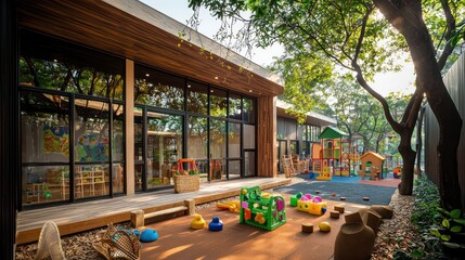 An environmentally conscious daycare center with toys made from natural materials and an outdoor play area with recycled rubber surfacing