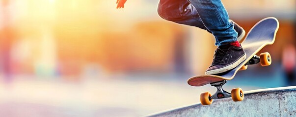 Skateboarder performing a trick over a ledge, capturing the energy of street skating