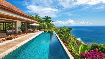 Fototapeta premium A stunning villa with an infinity pool overlooking the ocean, surrounded by lush greenery and vibrant flowers under a bright blue sky.