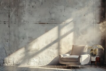 Interior of dark living room with cozy sofa, armchair, plants with sun rays from the window