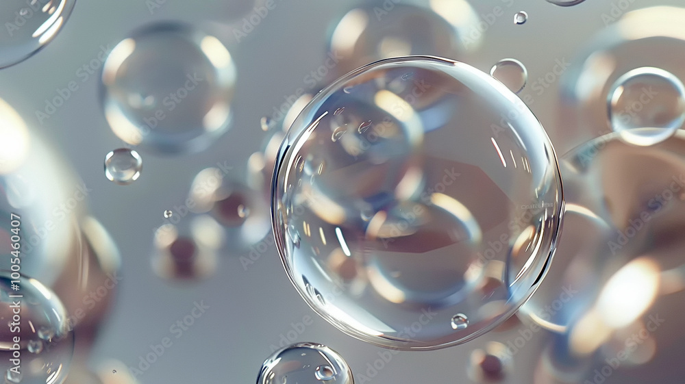 Poster floating drops of translucent bubbles glimmering in soft light against a blurred backdrop
