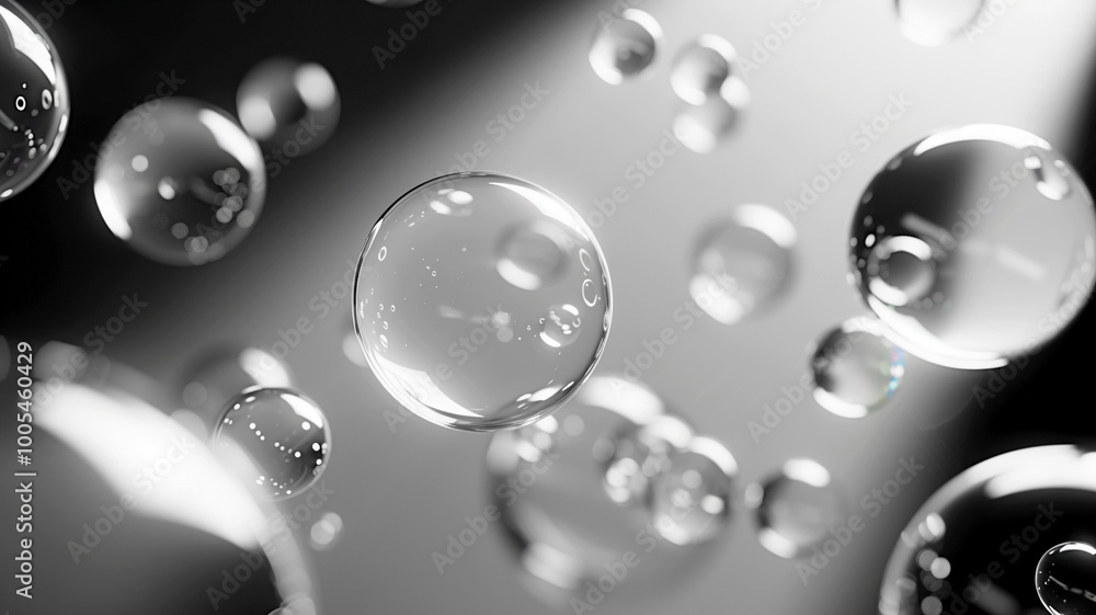 Poster a mesmerizing display of floating bubbles illuminated by soft light