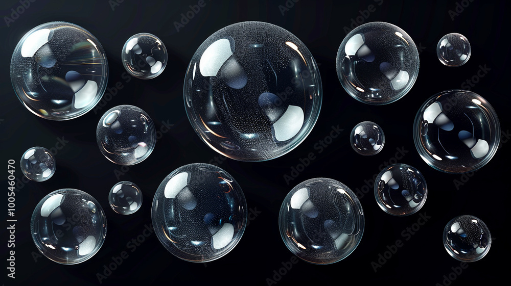 Poster floating soap bubbles captured in a mesmerizing arrangement on a dark background