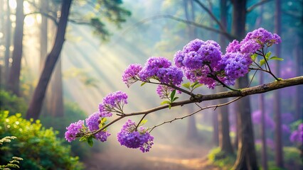 Sunlight dappled through a misty forest, illuminating a delicate branch adorned with vibrant purple blossoms.