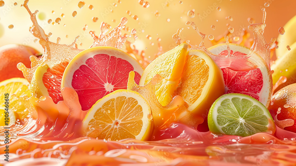 Poster fresh citrus slices splash into vibrant juice creating a refreshing summer delight